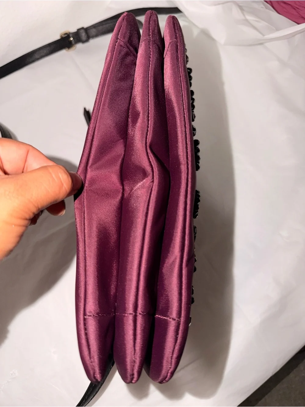 kate spade purple satin clutch with black beaded floral trim